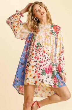 Umgee Mixed Print Crochet Trim Mini Dress Multicolor Size Large